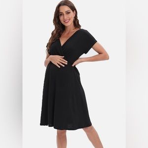 Duo Maternity Black Short Sleeve Dress, Size Medium, V-neck, stretch